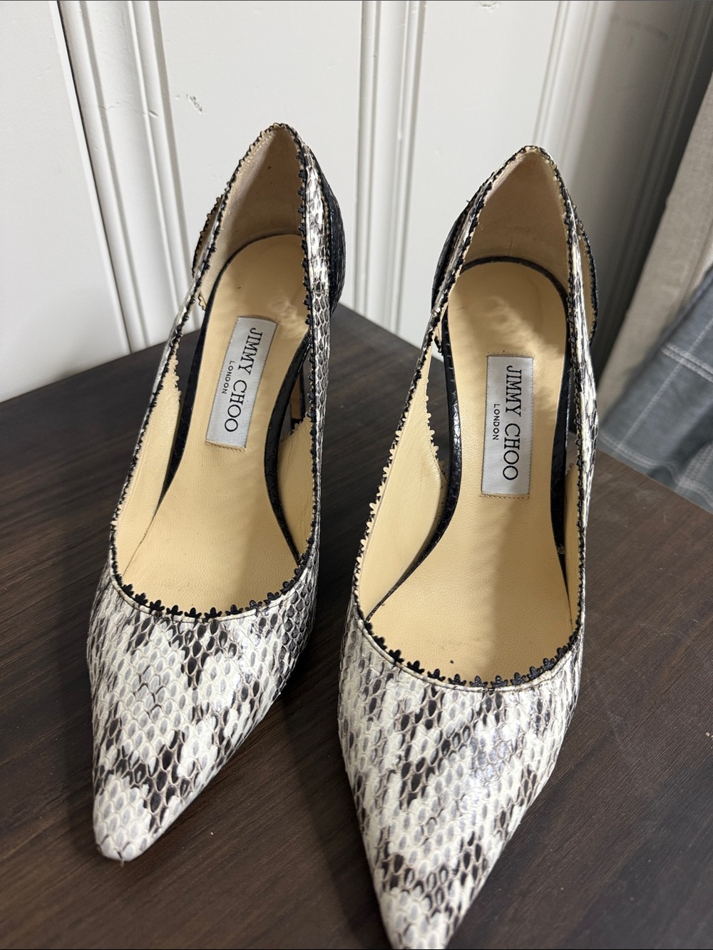 Jimmy Choo Black & White Snake-Print Pointed Toe Pumps